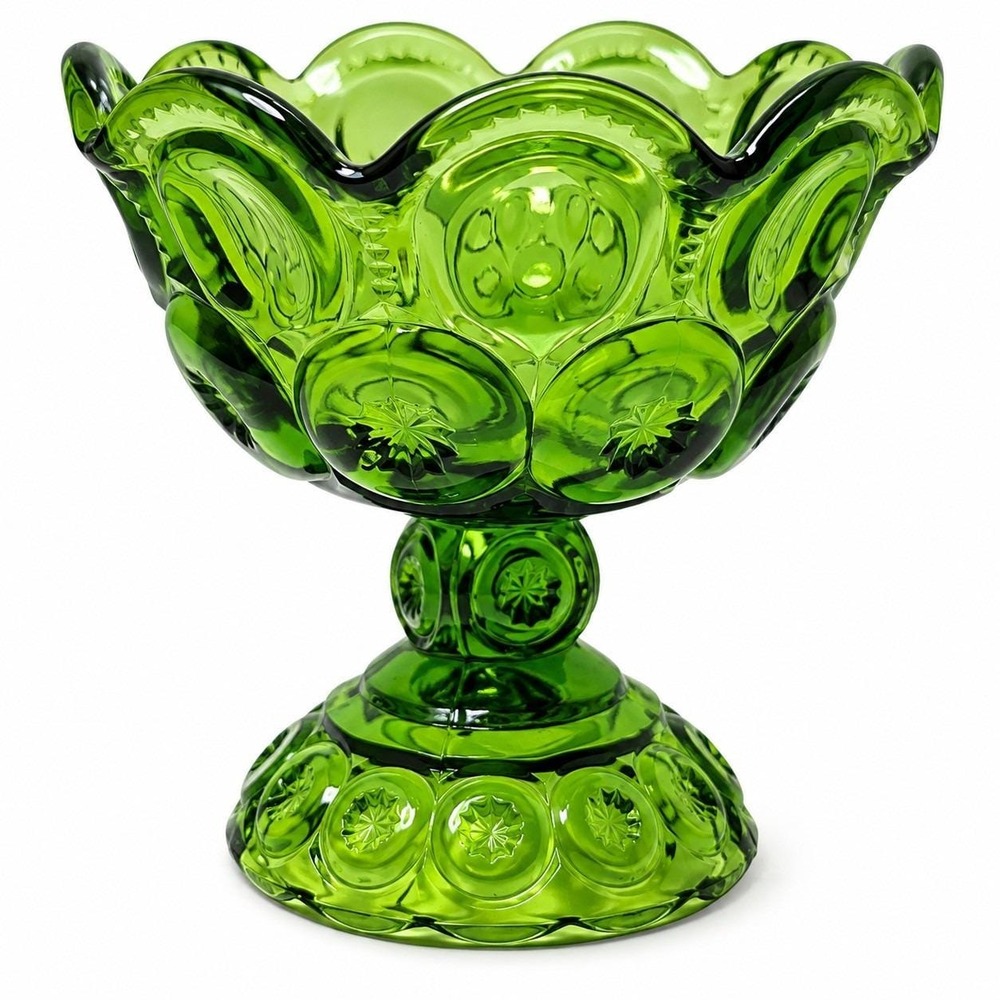 L.E. Smith Moon & Stars Green Glass Pedestal Compote Candy Dish 5.5" Vintage